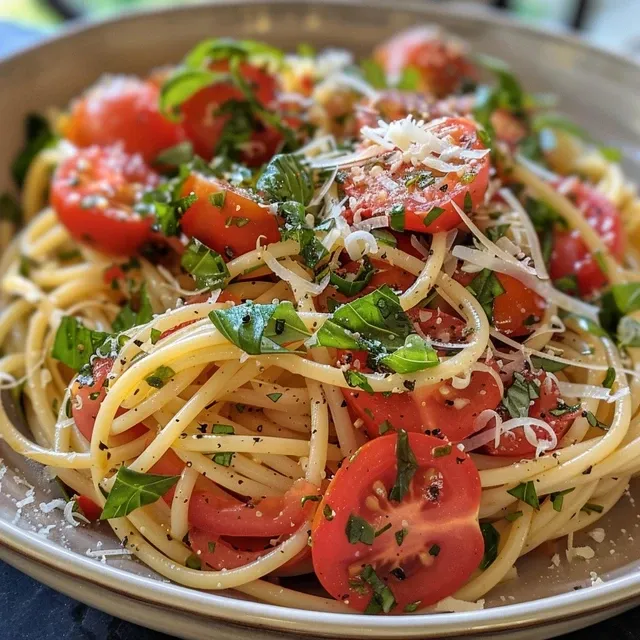 Side angle of pasta topped with vibrant red tomato sauce and green basil leaves.