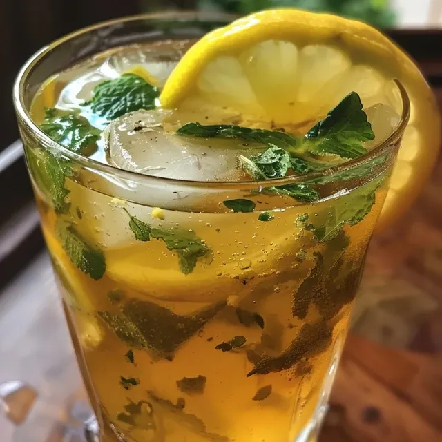 Side view of refreshing lemon mint iced black tea served in a clear glass with ice cubes.
