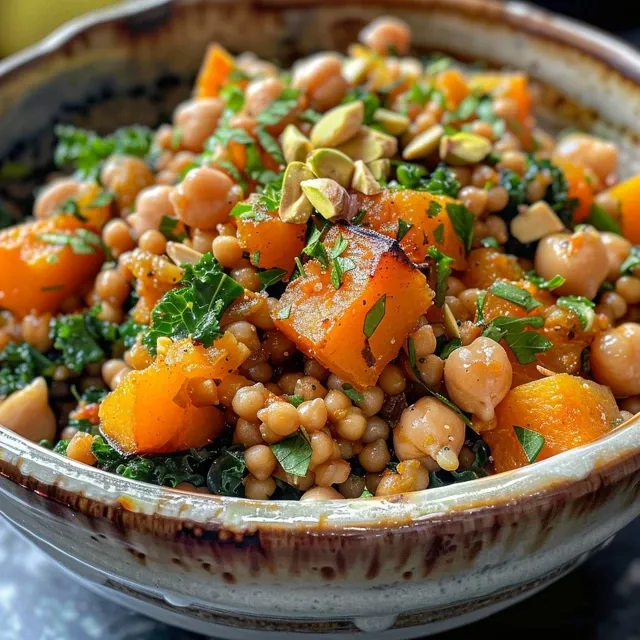 Side view of a healthy grain bowl featuring kale, roasted butternut squash, and pistachios.