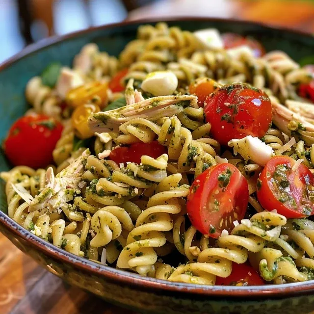 Close-up de uma salada de pasta, mostrando frango, pesto e tomate cereja.