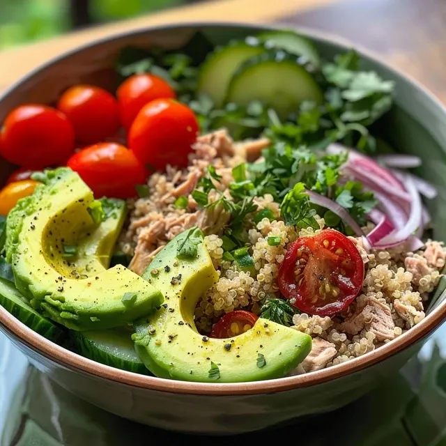 A vibrant Tuna Quinoa Bowl featuring bright vegetables and avocado slices.