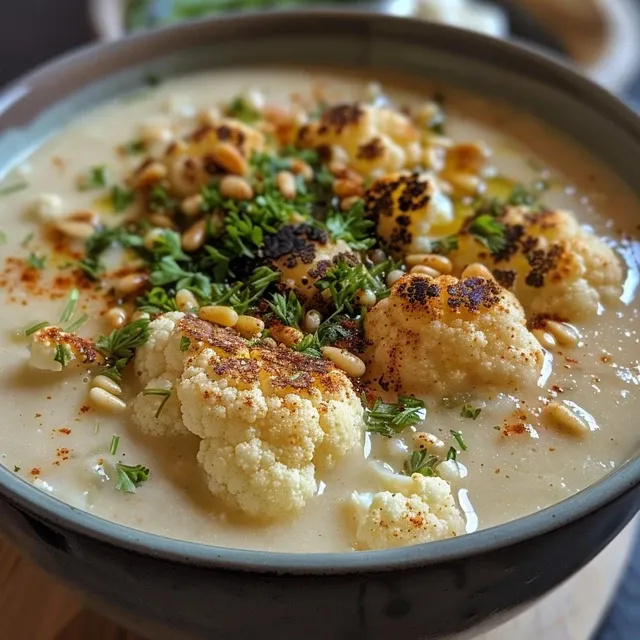 Close-up de uma sopa de couve-flor decorada com pinhões e queijo feta.
