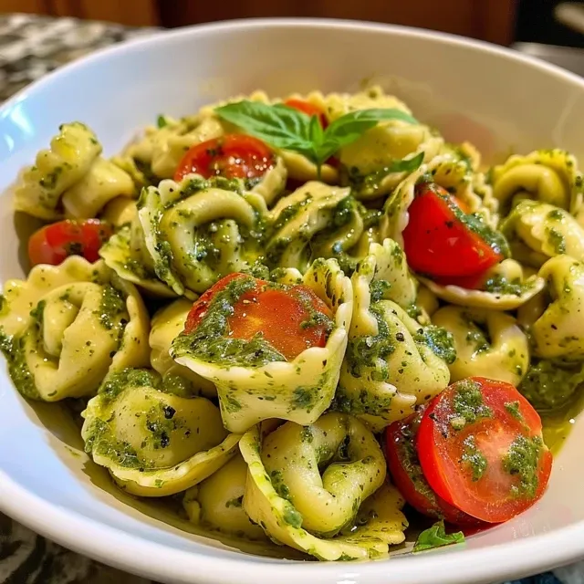 Juicy cheese tortellini garnished with fresh basil and mozzarella pearls.