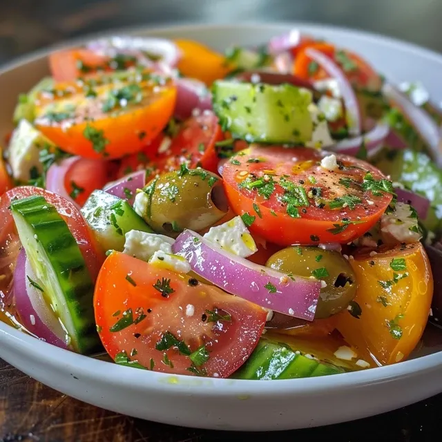 Close-up de uma salada grega com queijo feta e azeite de oliva.
