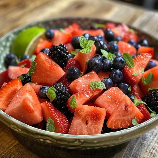 Close-up de uma salada colorida com melancia e frutas vermelhas.