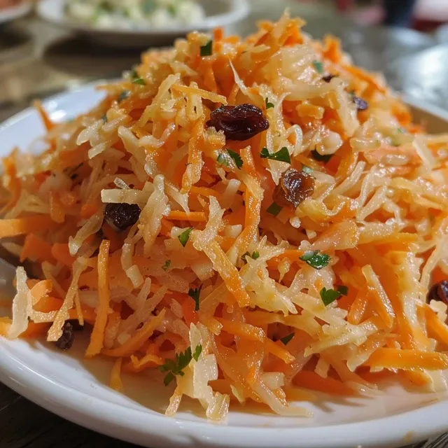 Visão lateral da salada de cenoura e passas em um prato, com molho cremoso.