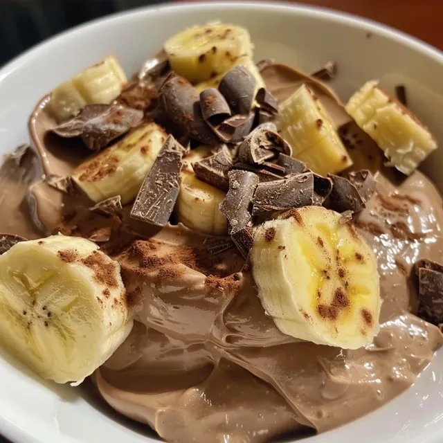 Close-up de iogurte grego congelado, com pedaços de banana e polvilhado de cacau.