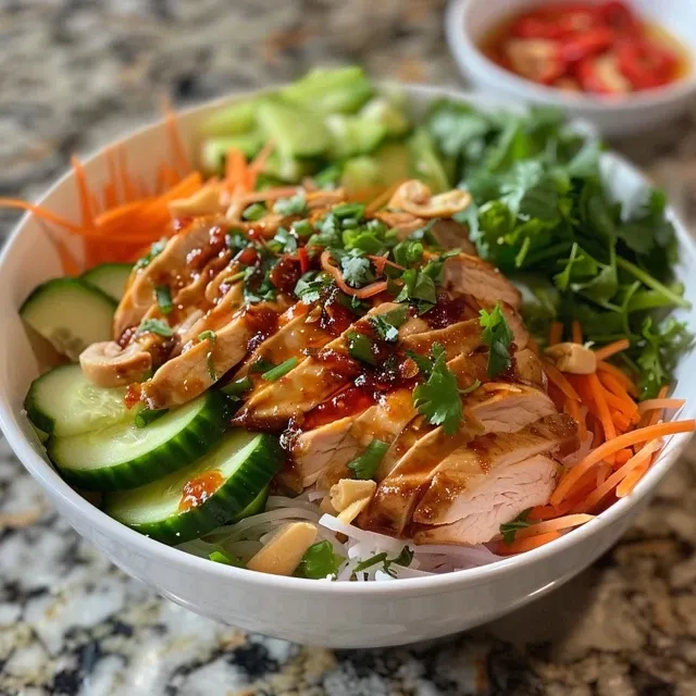 Bowl featuring juicy grilled chicken, vermicelli noodles, cucumbers, and vibrant carrots, garnished with herbs.