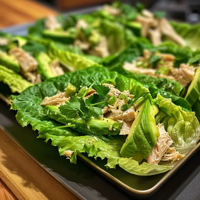 Side view of fresh lettuce wraps filled with turkey and avocado on a rustic background.