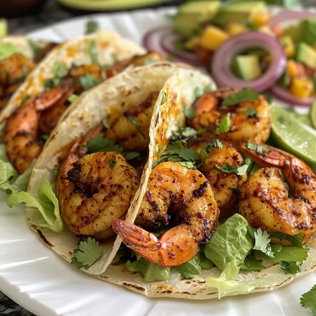 Juicy blackened shrimp tacos served with mango salsa and red onion on lettuce.