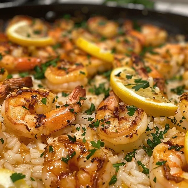 Juicy shrimp and rice dish garnished with parsley and lemon slices.