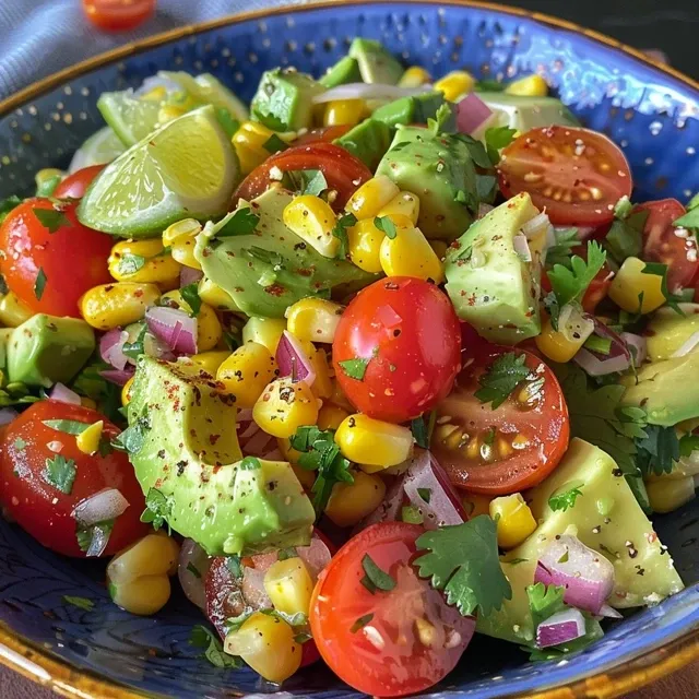 Side view of a colorful salad featuring corn, avocado, and tomatoes.