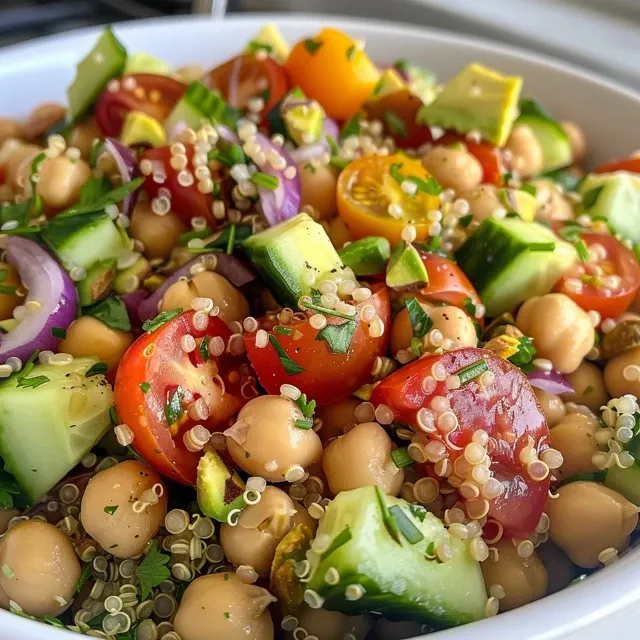 Close-up de uma salada vibrante com abacate e pistache.
