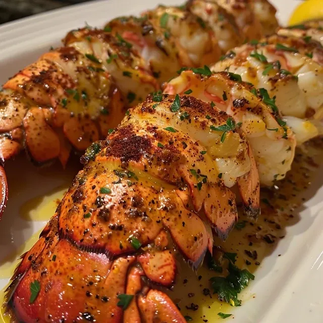 Side view of lobster bites drizzled with garlic butter, garnished with fresh parsley.