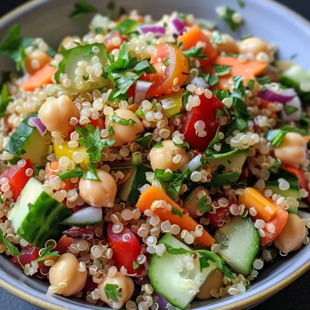 Close-up de salada fresca de quinoa, grão de bico, e legumes variados.