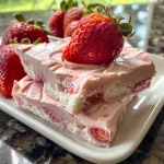 Close-up of frozen yogurt strawberry bark with fresh strawberries and a creamy texture.