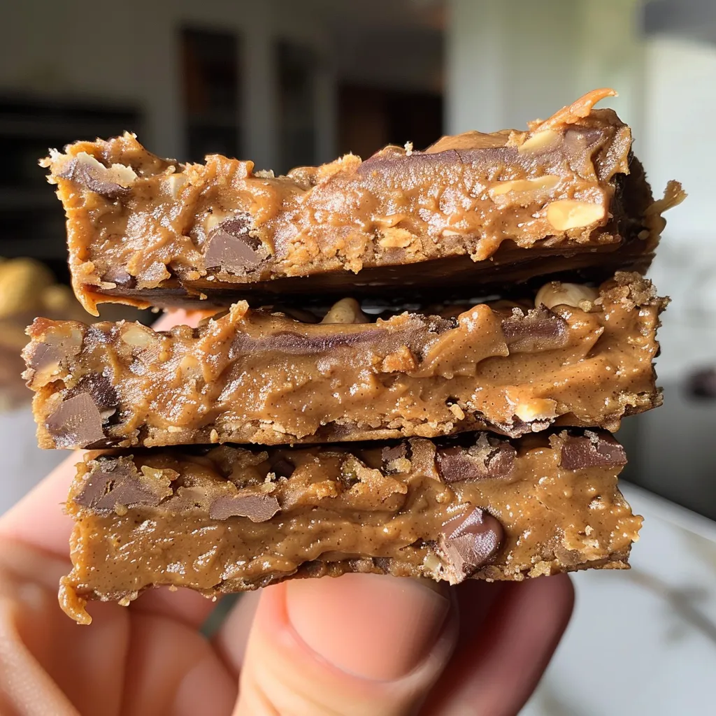 Um corte lateral de barrinhas de manteiga de amendoim com chocolate e sal.