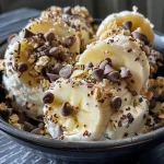 Close-up de mordidas de iogurte congelado de banana com chocolate e granola.