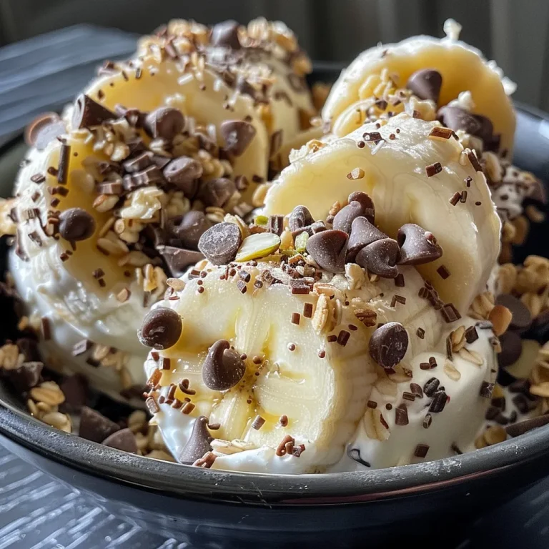 Close-up de mordidas de iogurte congelado de banana com chocolate e granola.
