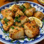 Bites de bacalhau empanados com alho e manteiga, servidos com um molho cremoso de limão e ervas.