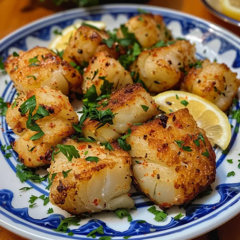 Bites de bacalhau empanados com alho e manteiga, servidos com um molho cremoso de limão e ervas.