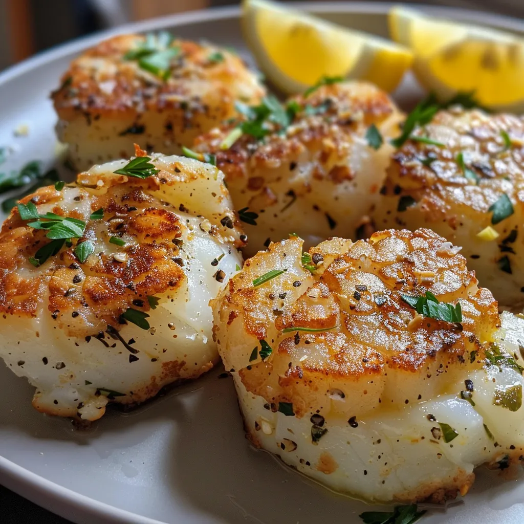 Close-up de Bolinhos de Bacalhau com Manteiga de Alho, acompanhados de molho de limão e ervas em uma tigela.
