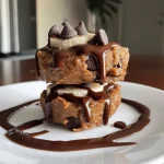 Bolinhos de banana cobertos com chocolate e manteiga de amendoim em uma superfície de madeira.