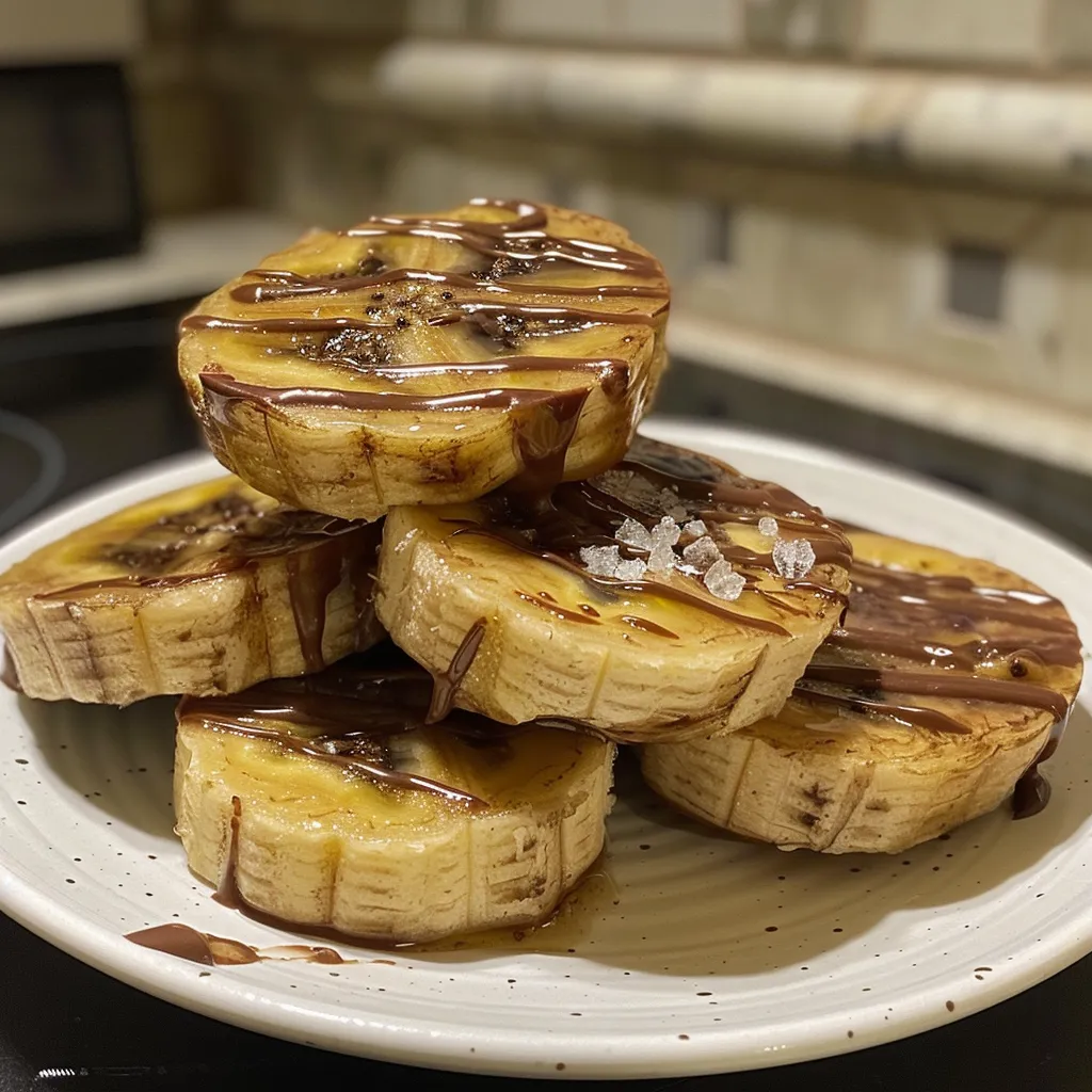 Side view of delicious banana bites with peanut butter and chocolate.