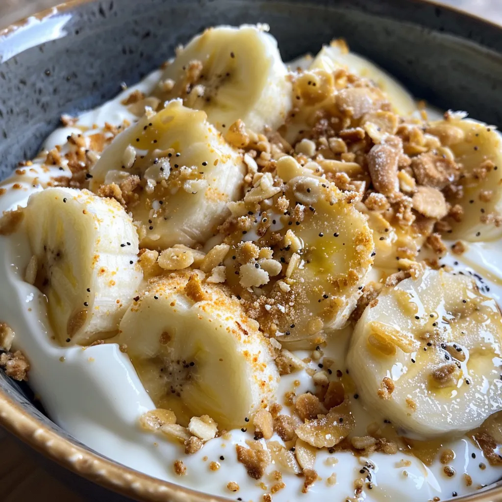 Side view of creamy yogurt-coated banana bites with dried banana chips.