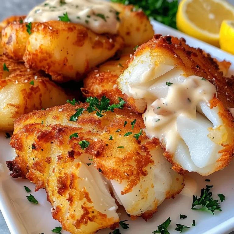 Close-up of golden-browned fish bites with a garlic aioli dip.