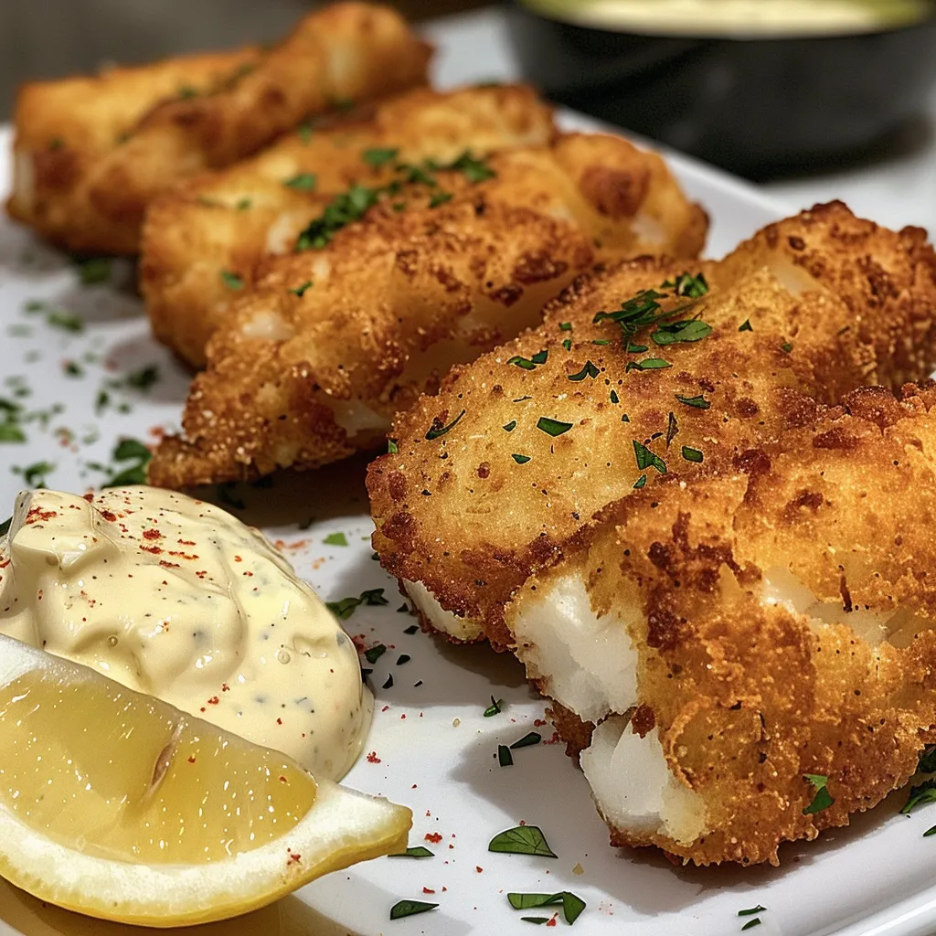 Juicy lemon butter fish bites served with a creamy garlic sauce.