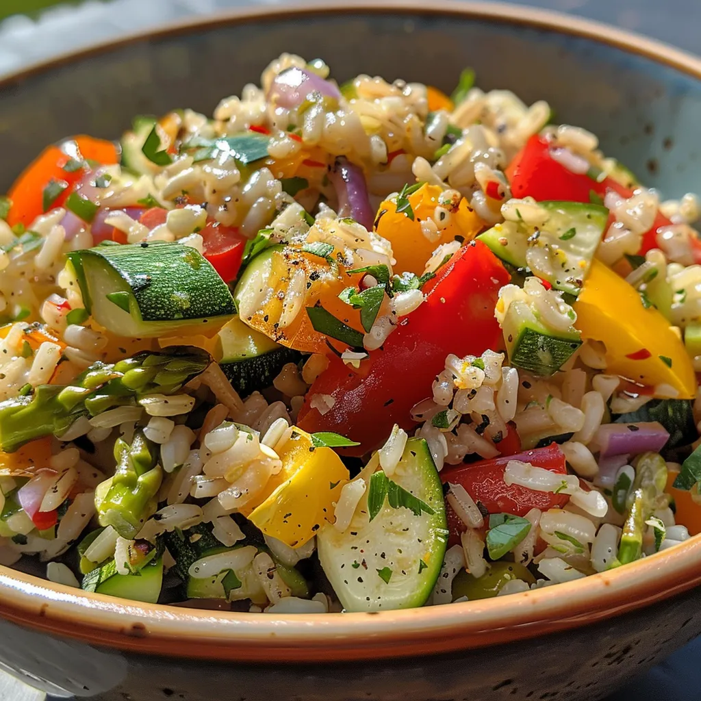 Close-up de uma tigela saudável com arroz integral e vegetais grelhados, fotografada de lado.