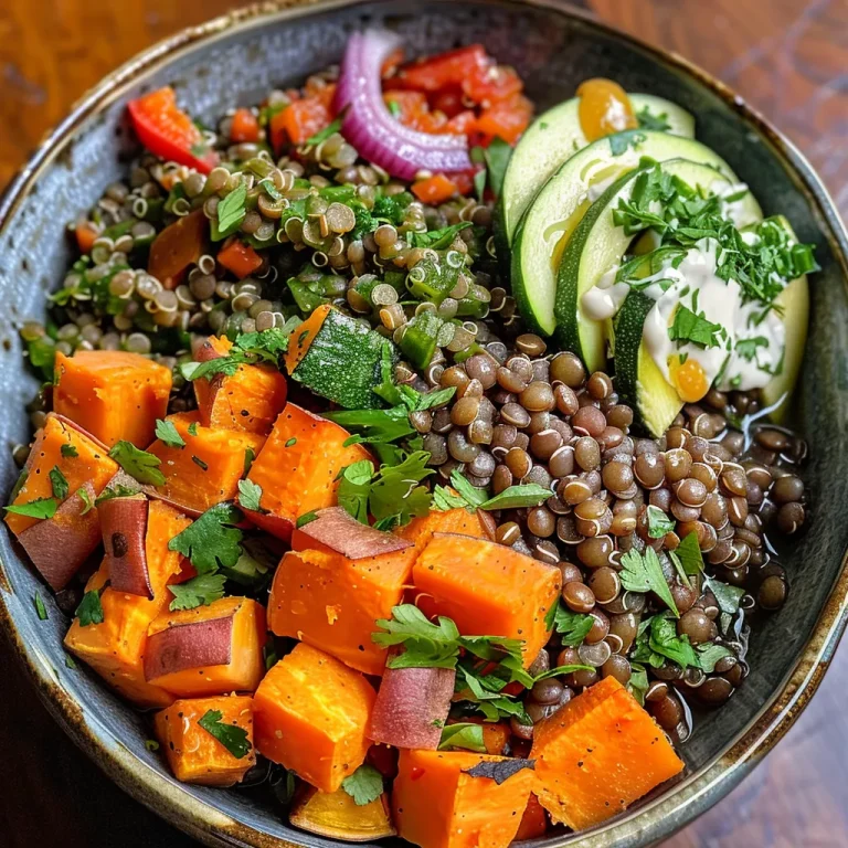 Close-up de uma tigela colorida de Lentil Power Bowl com quinoa, lentilhas e vegetais frescos.
