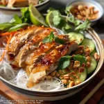 Uma tigela de Bun Ga Nuong com frango grelhado, ervas frescas e legumes.