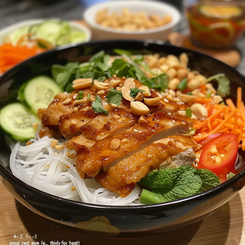 Close-up de um Bowl de Noodles Vietnamita com noodles de arroz e ingredientes coloridos.