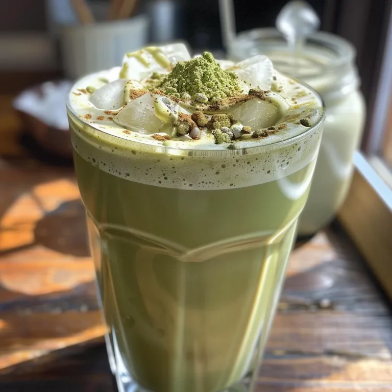 Close-up de um latte de matcha com açúcar mascavo e baunilha em um copo grande.