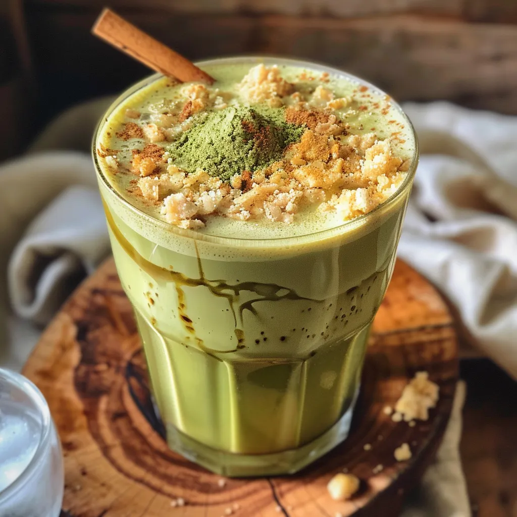 Iced Brown Sugar Vanilla Matcha Latte servido com gelo em um copo transparente.