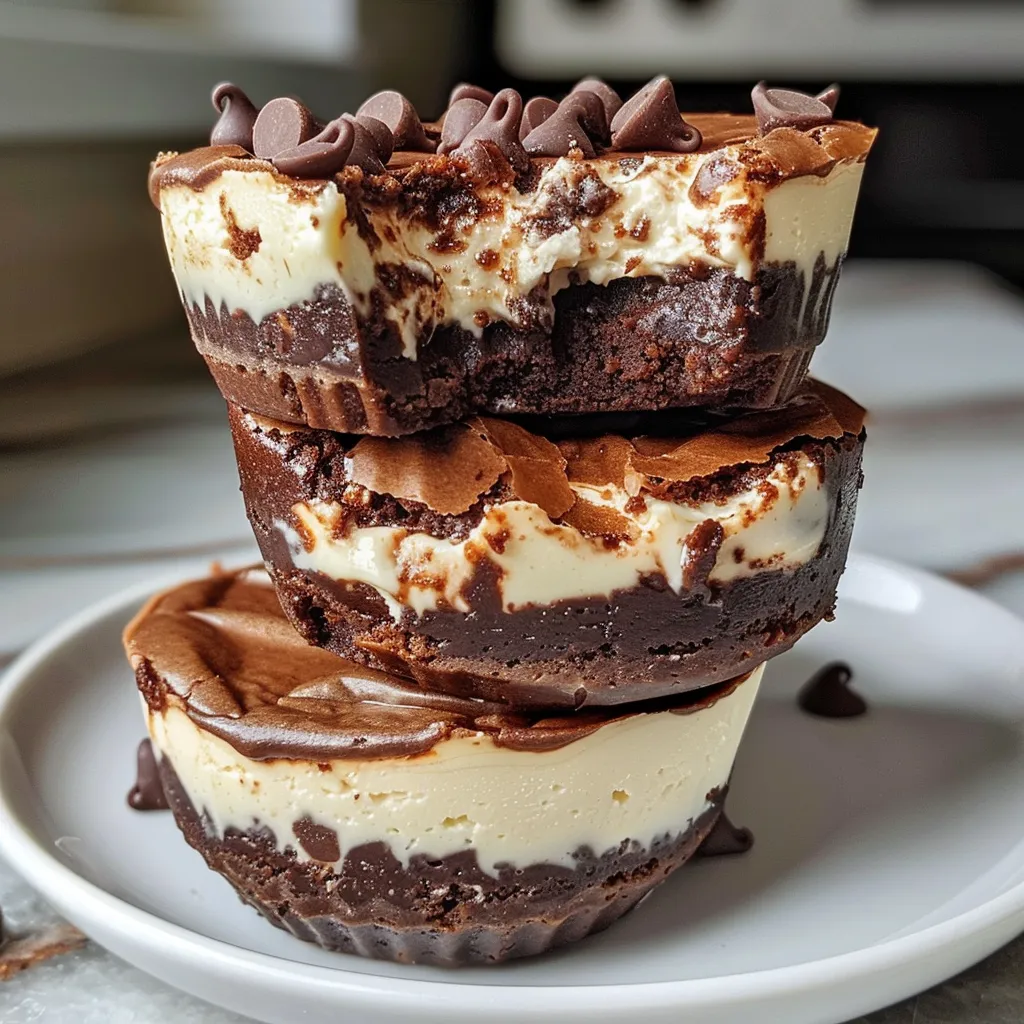 Side view of layered Brownie Cheesecake Cups served in a clear cup.