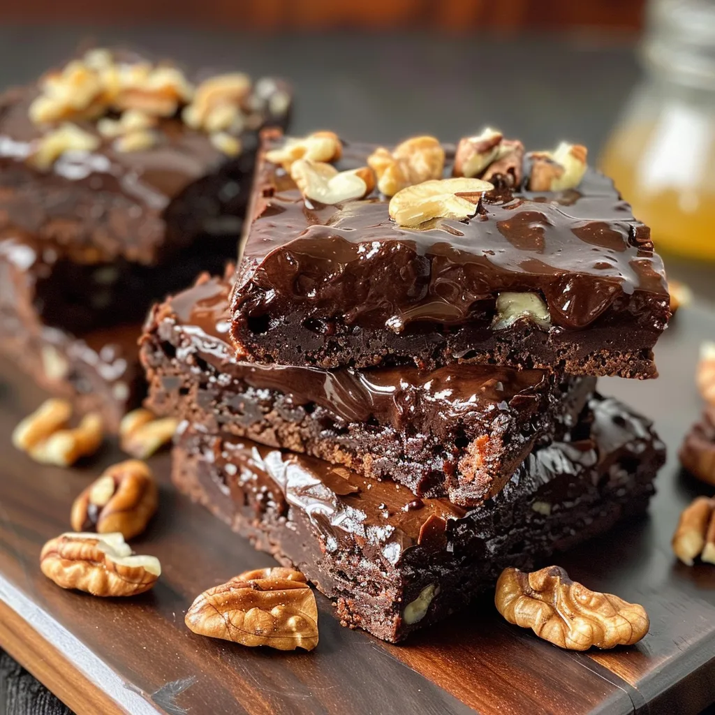 Brownies de chocolate cru em perspectiva lateral, mostrando sua consistência suculenta.