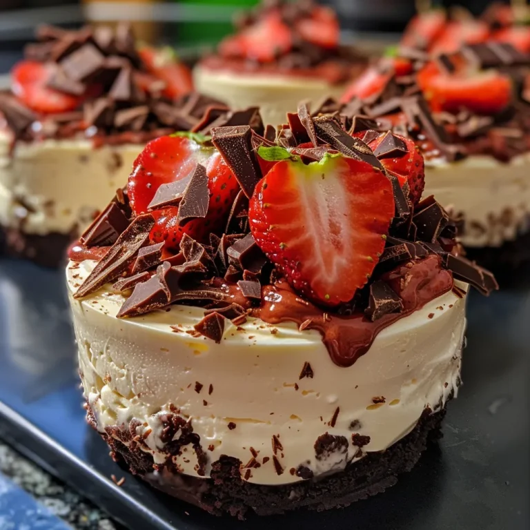 Close-up view of chocolate strawberry cheesecake dessert cups with a creamy texture.