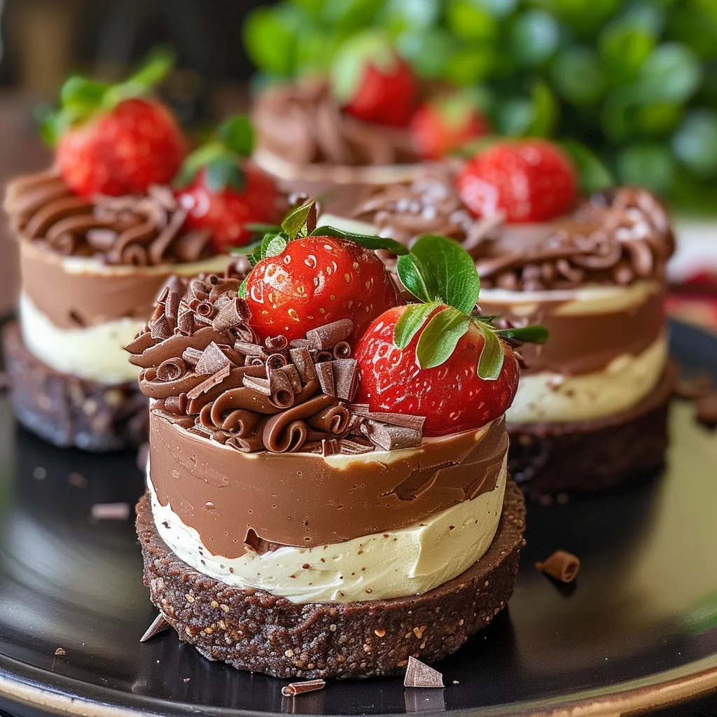 Side view of dessert cups filled with layers of chocolate cheesecake and strawberry puree.