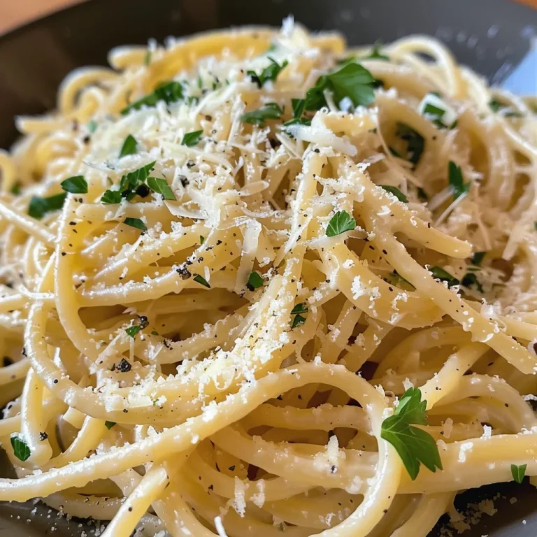 Close up of cheesy garlic Parmesan spaghetti with herbs.