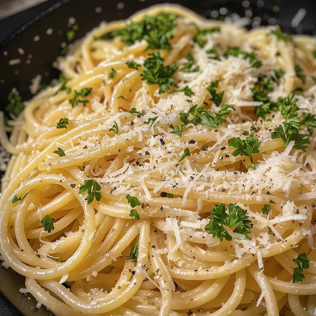 Side view of a plate of spaghetti topped with melted cheese and garlic.