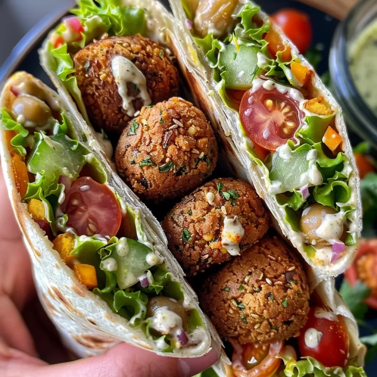 Close-up of a juicy falafel wrap filled with fresh vegetables and yogurt sauce.