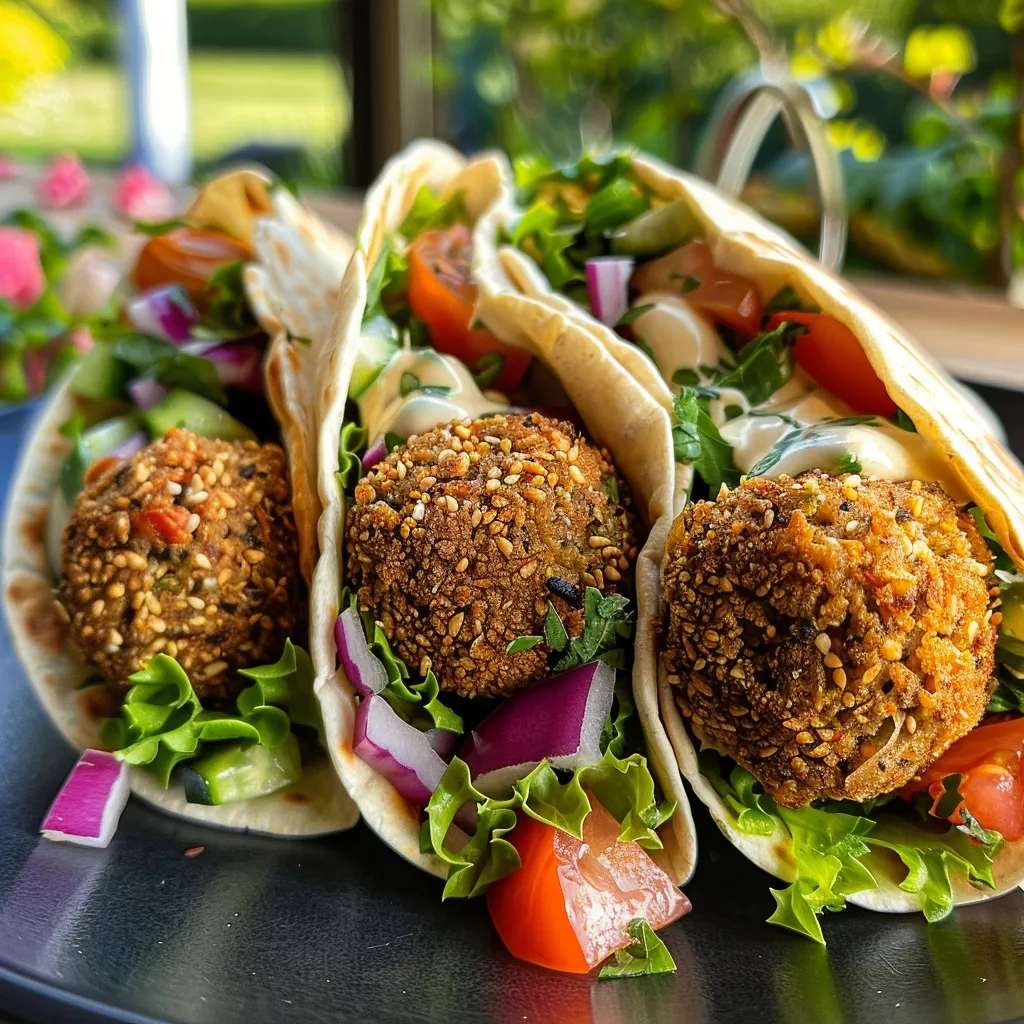 Side view of a delicious falafel wrap showcasing vibrant ingredients and creamy sauce.