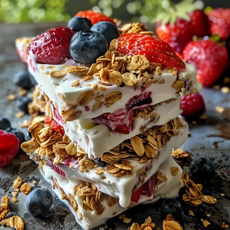 Bark de Iogurte Congelado: A Del cia Refrescante que Voc Precisava Close-up de um pedaço de Frozen Yogurt Bark com morangos e mirtilos.