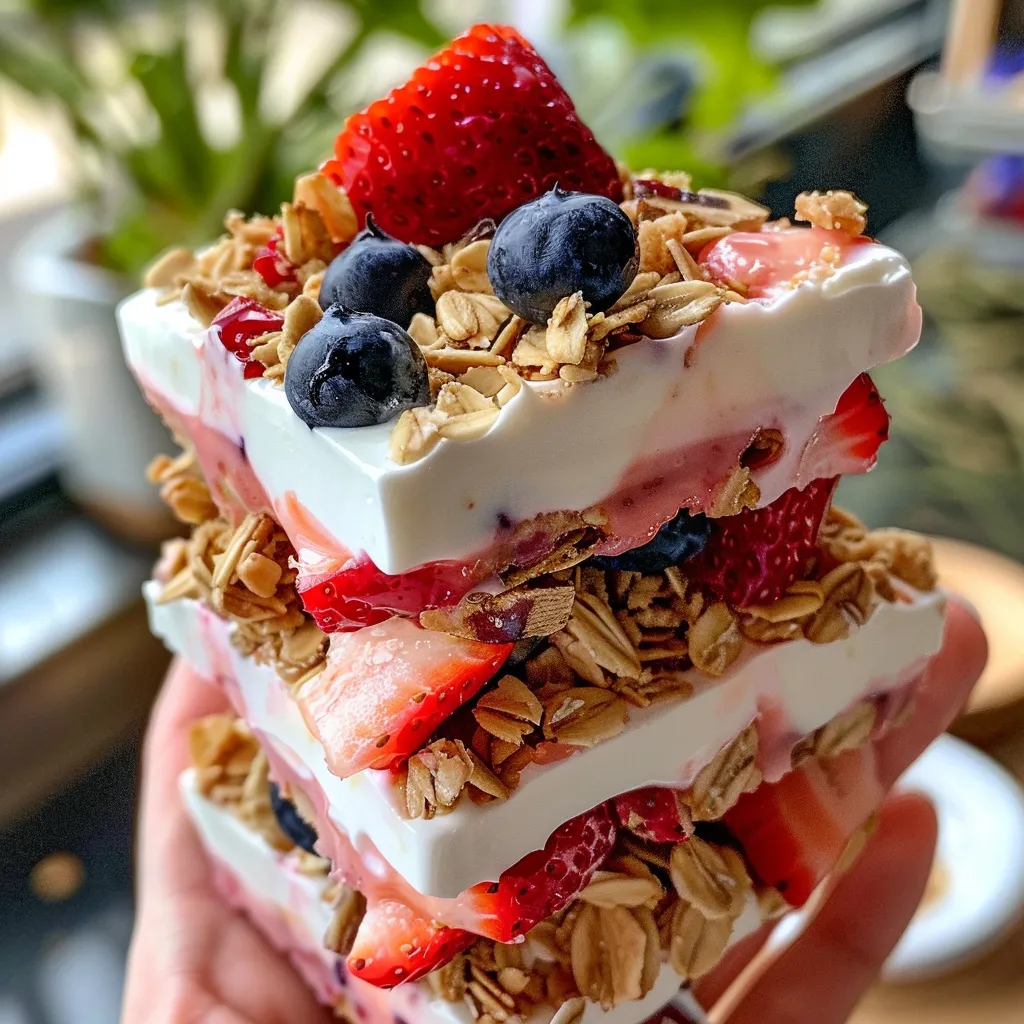 Detalhe de um Frozen Yogurt Bark recheado com granola e frutas.
