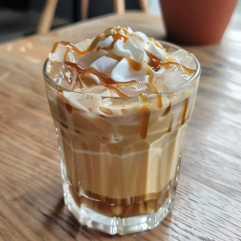 Close-up de um latte caramelizado gelado com espuma de leite e caramelo por cima.