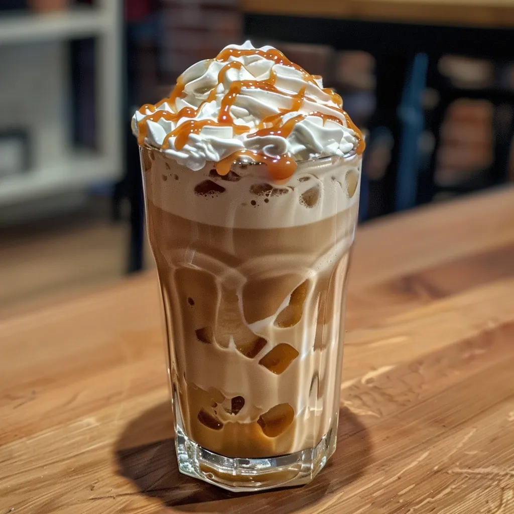Lateral de um copo de Iced Caramel Latte com gelo e detalhes de caramelo.