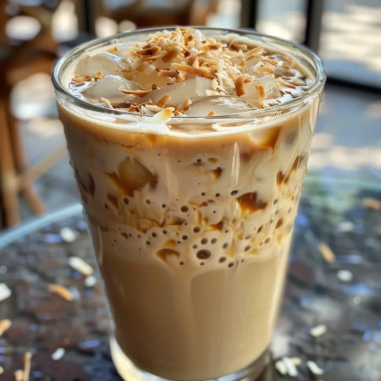 Close-up of a refreshing Iced Coconut Vanilla Latte in a glass, revealing layers of coffee and coconut milk.